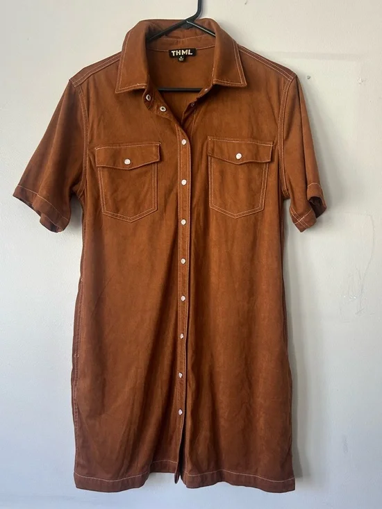 THML Brown Western faux Suede Dress medium cowgirl pearl snap - Picture 7 of 12